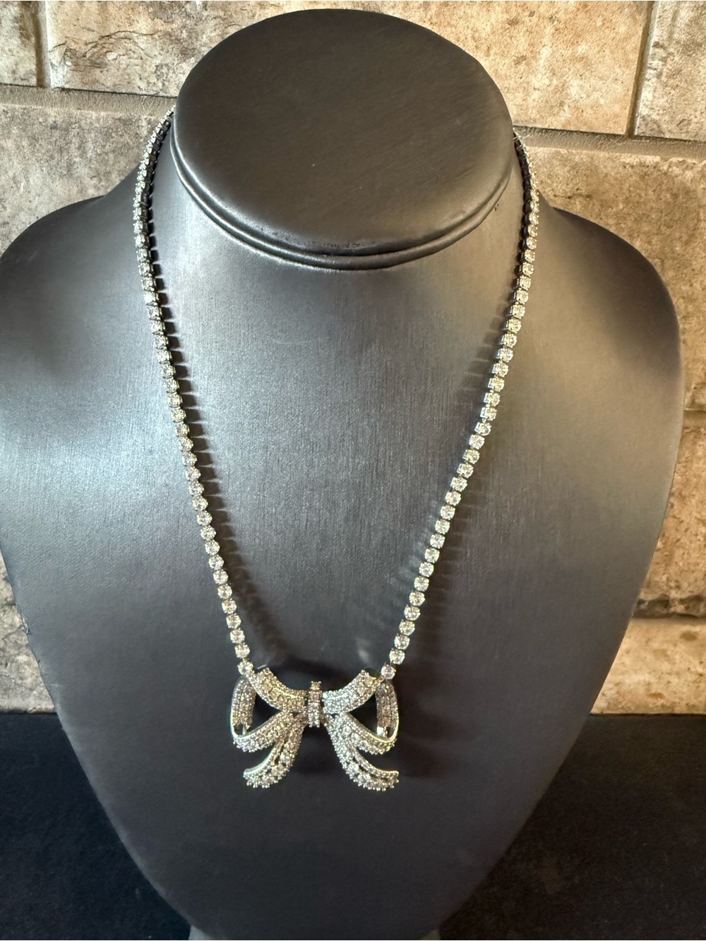 Silver Bow Crystal Tennis Necklace